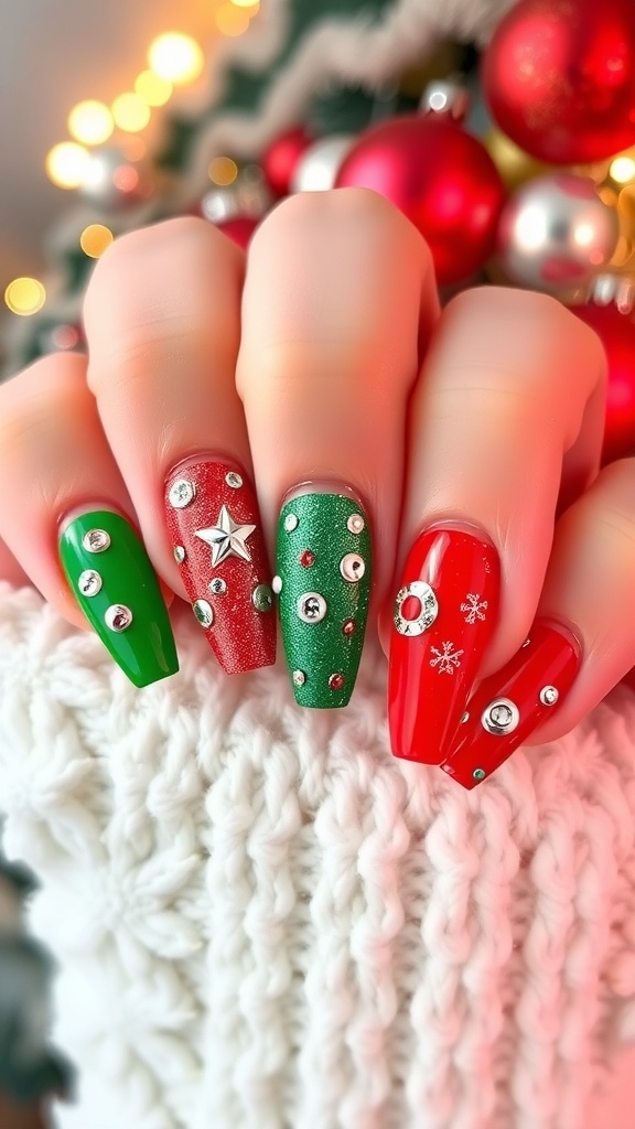 Y2K inspired Christmas nail art with red and green colors, glitter, and festive designs.